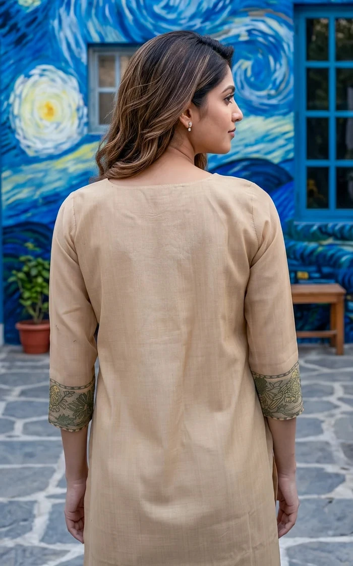 Beige Peacock and Floral Yoke print Straight cut Kurta set